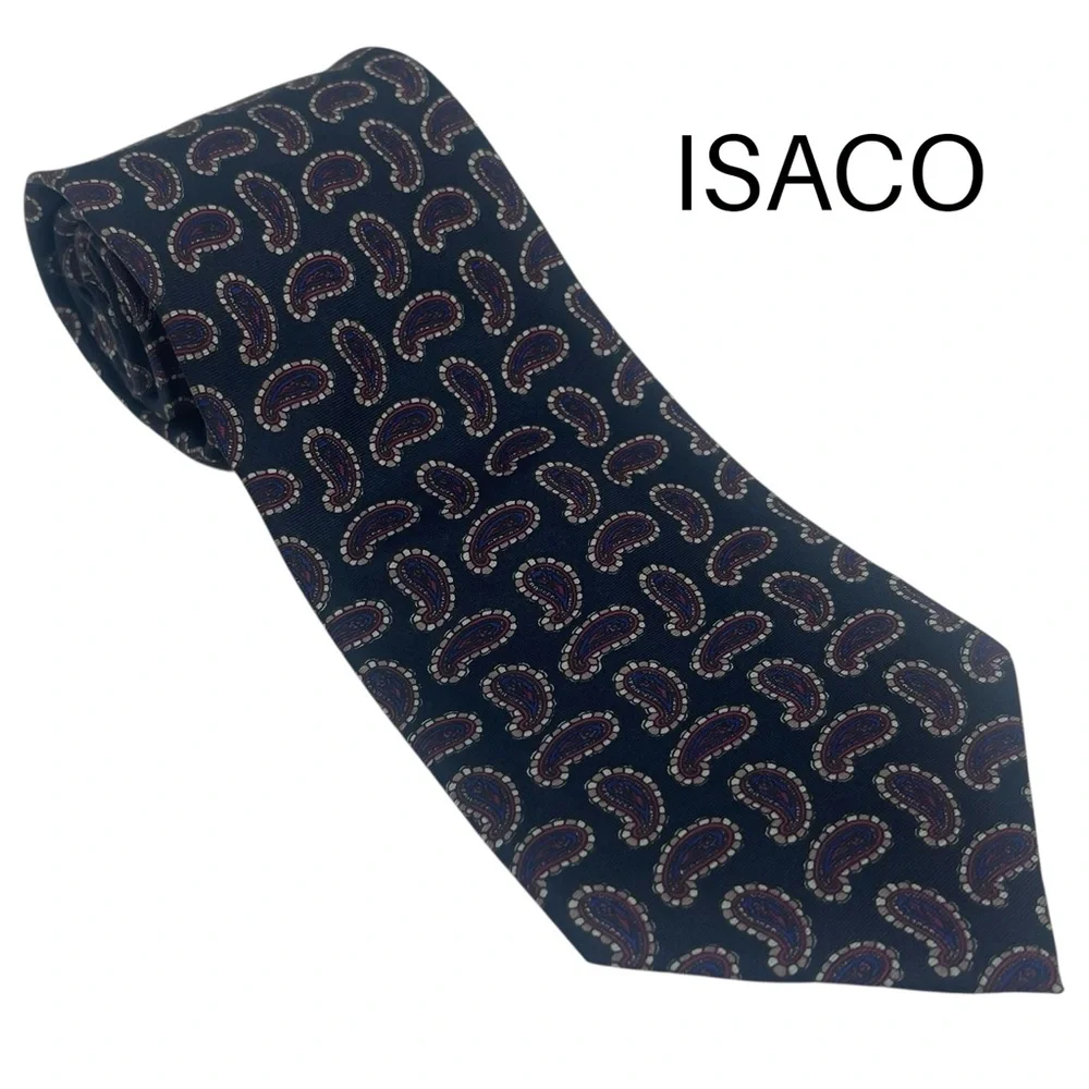 ISACO Navy Gray Burgundy Paisley Necktie Office Career